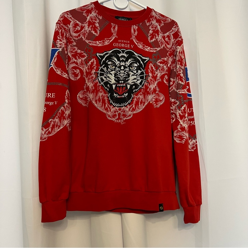 Avenue George V Paris Men's Long Sleeves Sweater Red/Silver Rhinestone Black cat